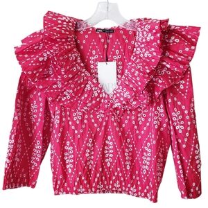 Zara Red Embroidered Eyelet Ruffle Top